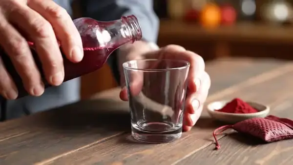 A hand pouring dark red beet juice from a bottle into a glass beside a small dish of red beet powder and a dark-red pouch