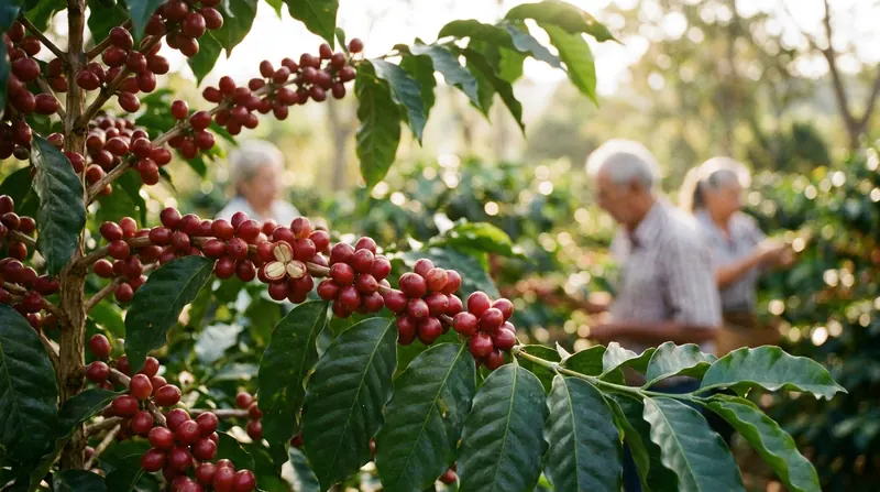 A branch of ripe red coffee cherries in a plantation, with a few split open to show the pale beans inside