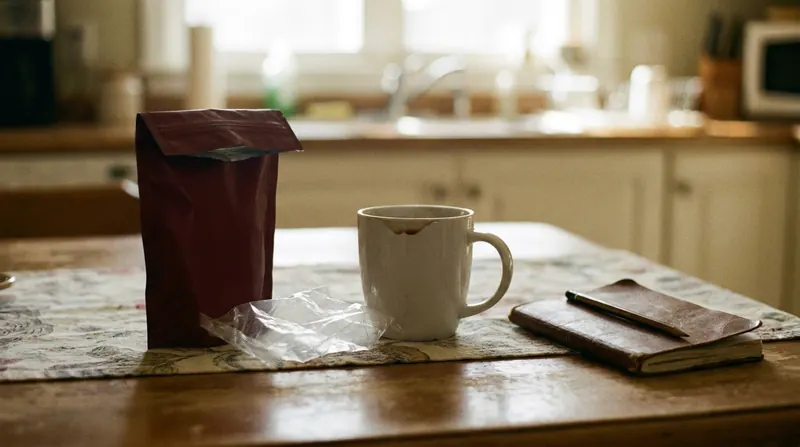 A kitchen table with a dark-red pouch of chews, an empty foil wrapper, an empty coffee mug and a closed notebook with a pencil