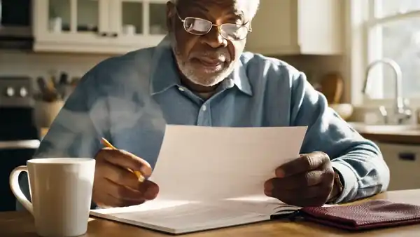 An older man in a blue shirt reading a printed page at a kitchen table, pencil in hand, a mug of coffee beside him