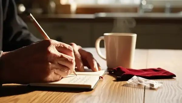 A hand writing a line in a small notebook beside a mug of coffee, a dark-red pouch and an empty foil wrapper