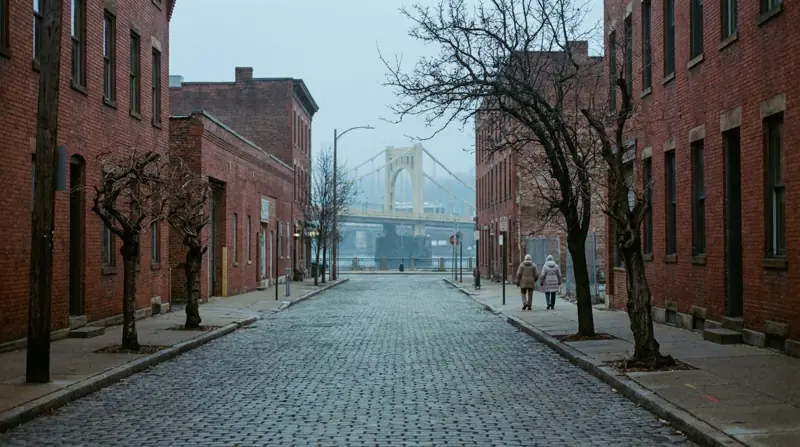 A quiet Pittsburgh street at dawn with a yellow steel bridge faint at the end and a pair of walkers in the distance