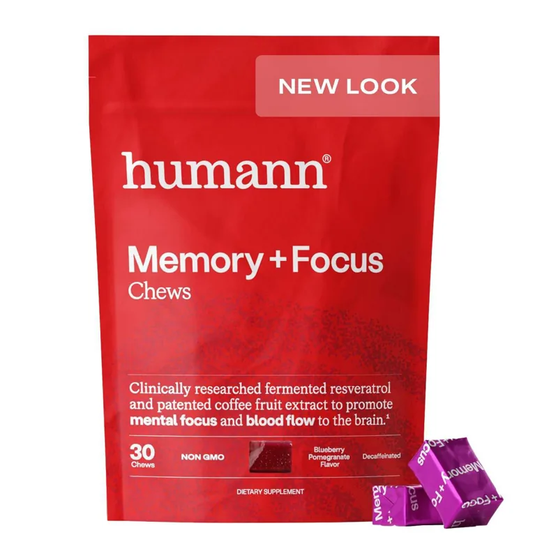 The SuperBeets Focus + Clarity bag, a dark-red pouch with a resealable top, showing the panel with beet root, coffee fruit and resveratrol listed