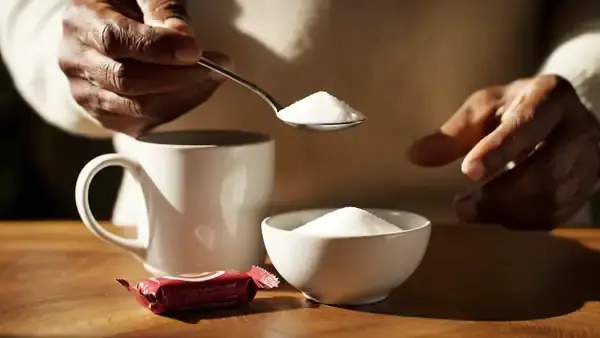 A hand setting a spoonful of sugar beside a single wrapped chew and a small bowl of sugar on a wooden table